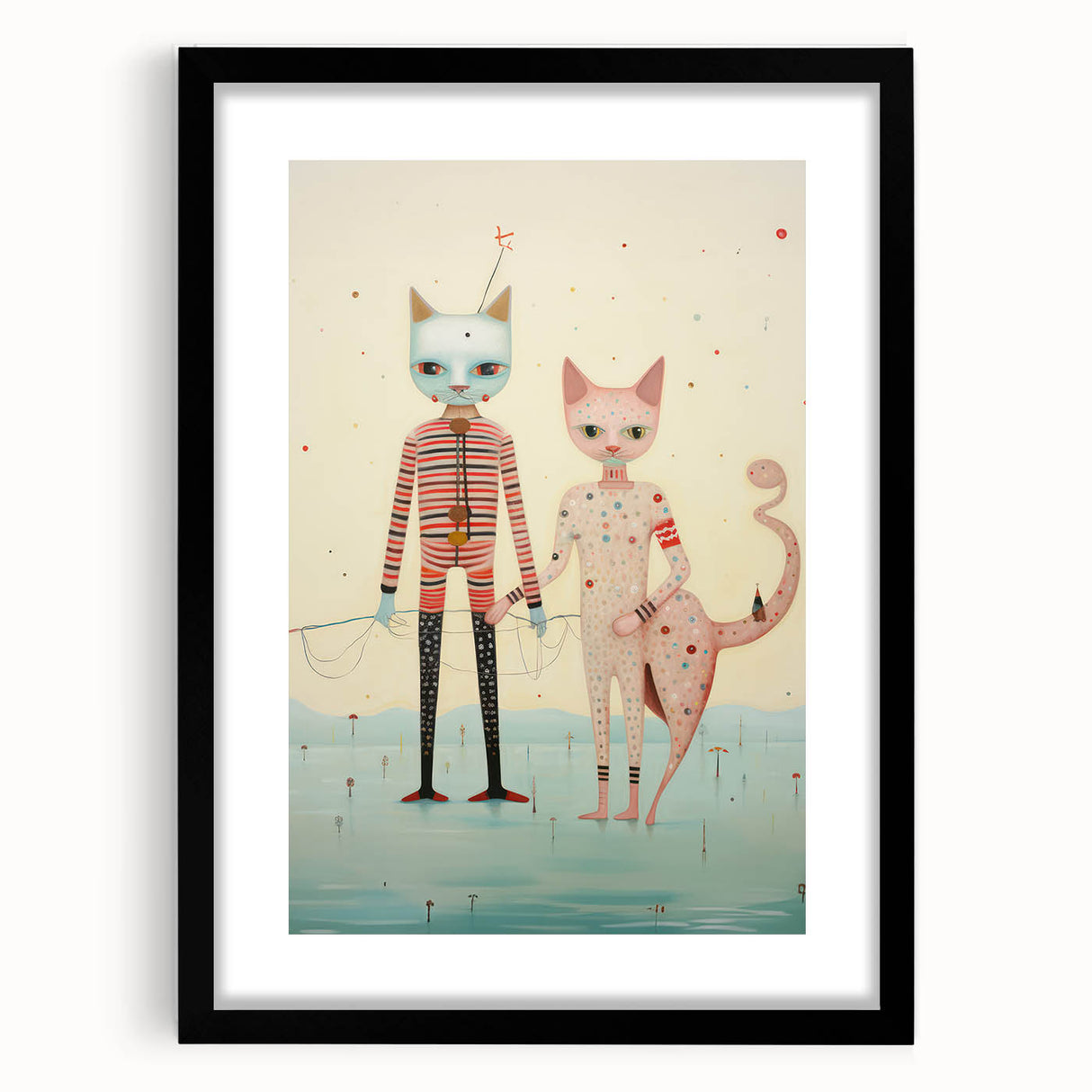 Whimsical Electric Cat Duo Canvas – Playful Modern Art Print