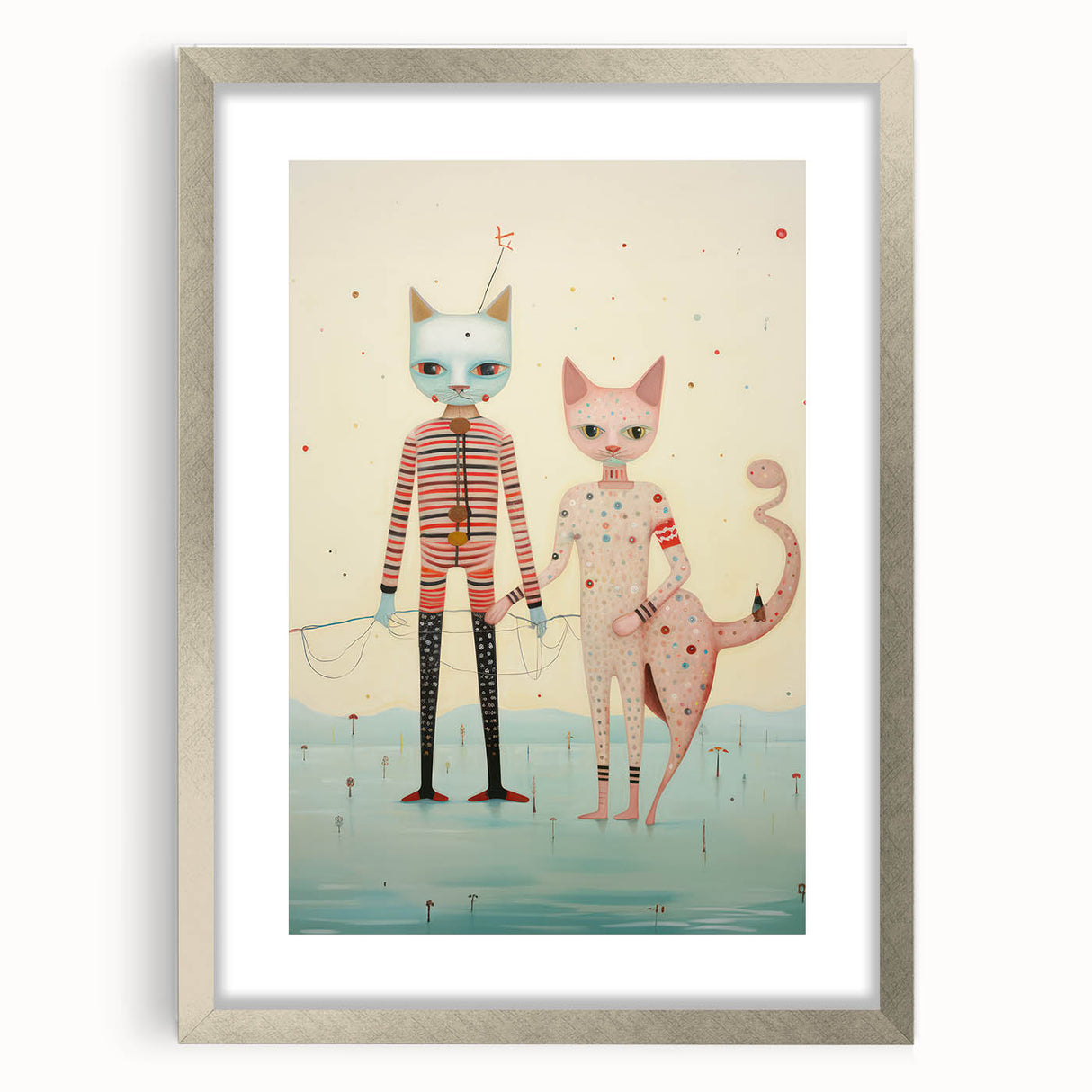 Whimsical Electric Cat Duo Canvas – Playful Modern Art Print