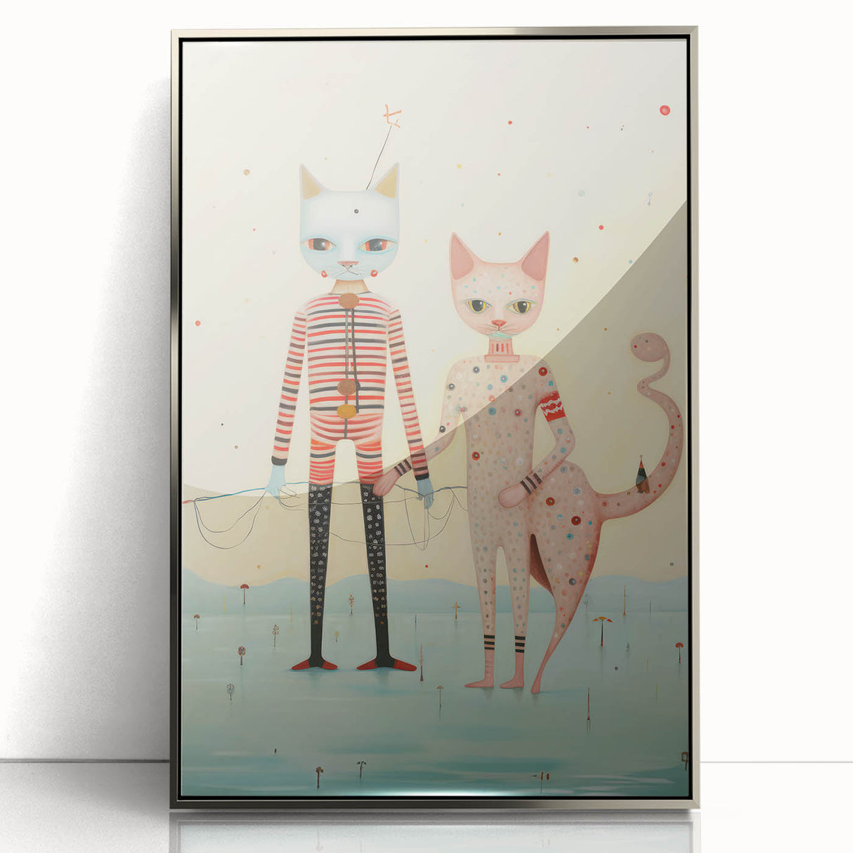 Whimsical Electric Cat Duo Canvas – Playful Modern Art Print