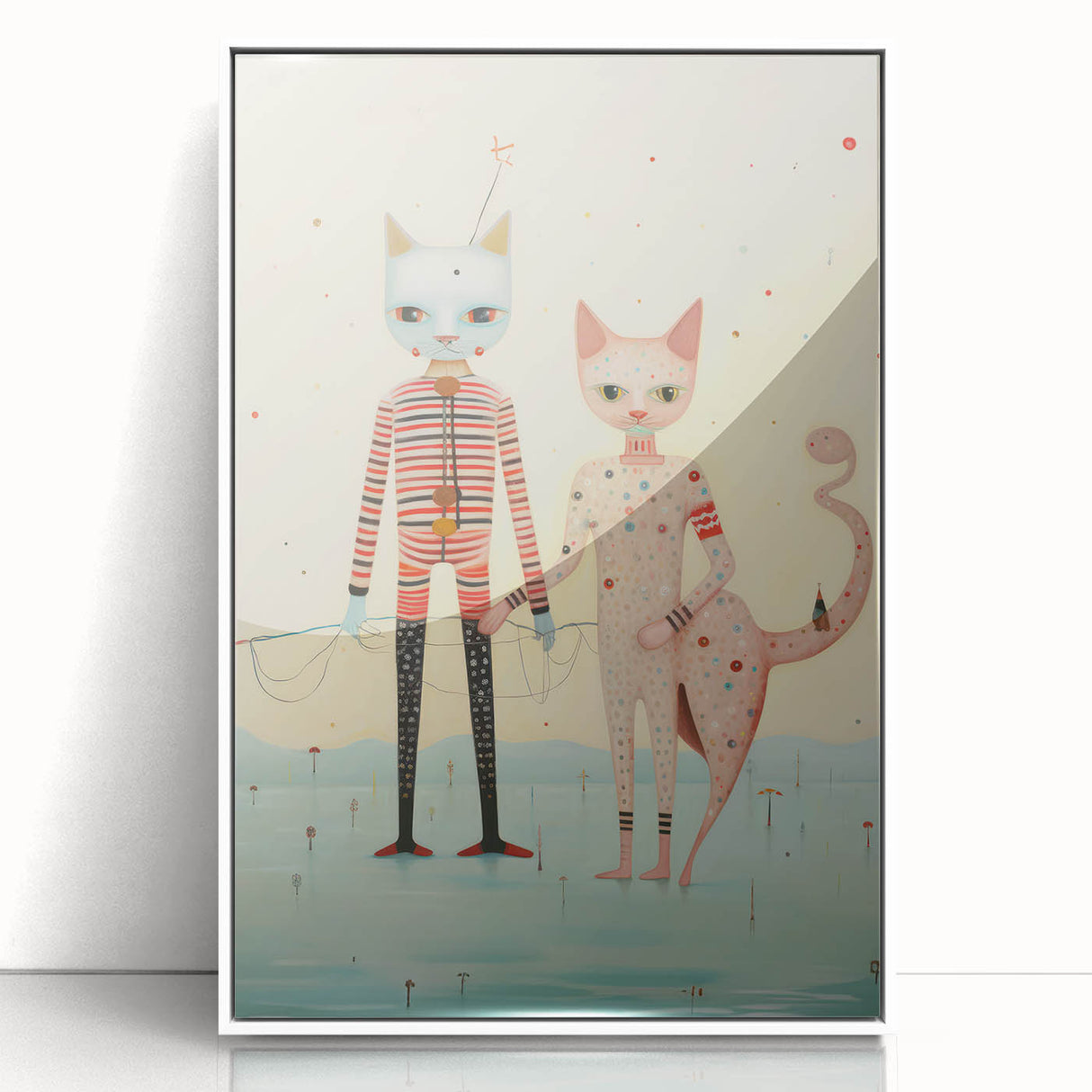 Whimsical Electric Cat Duo Canvas – Playful Modern Art Print