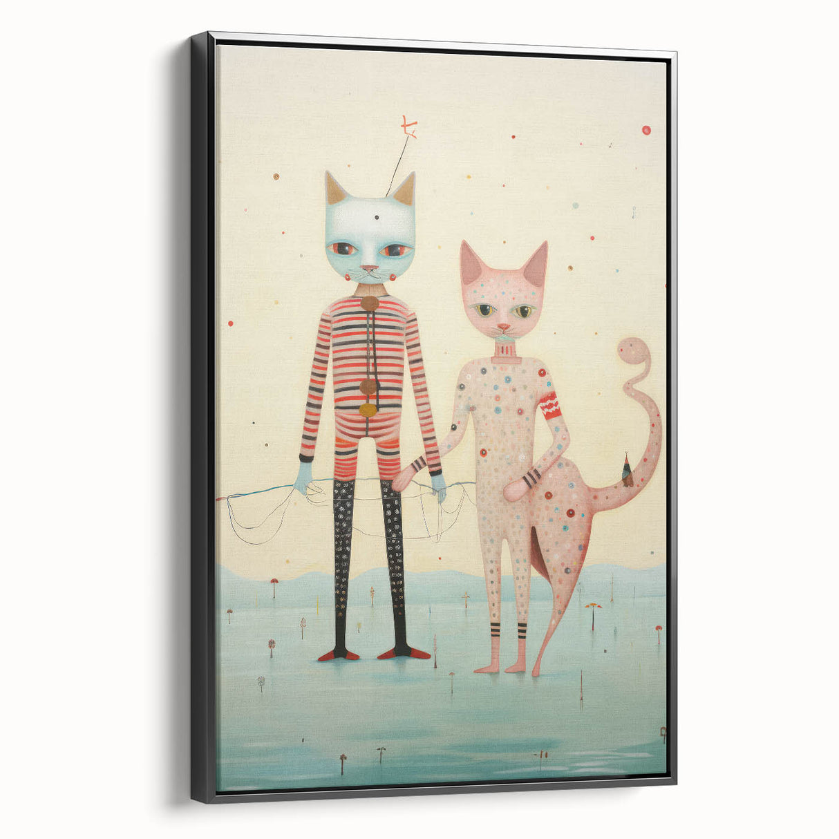 Whimsical Electric Cat Duo Canvas – Playful Modern Art Print