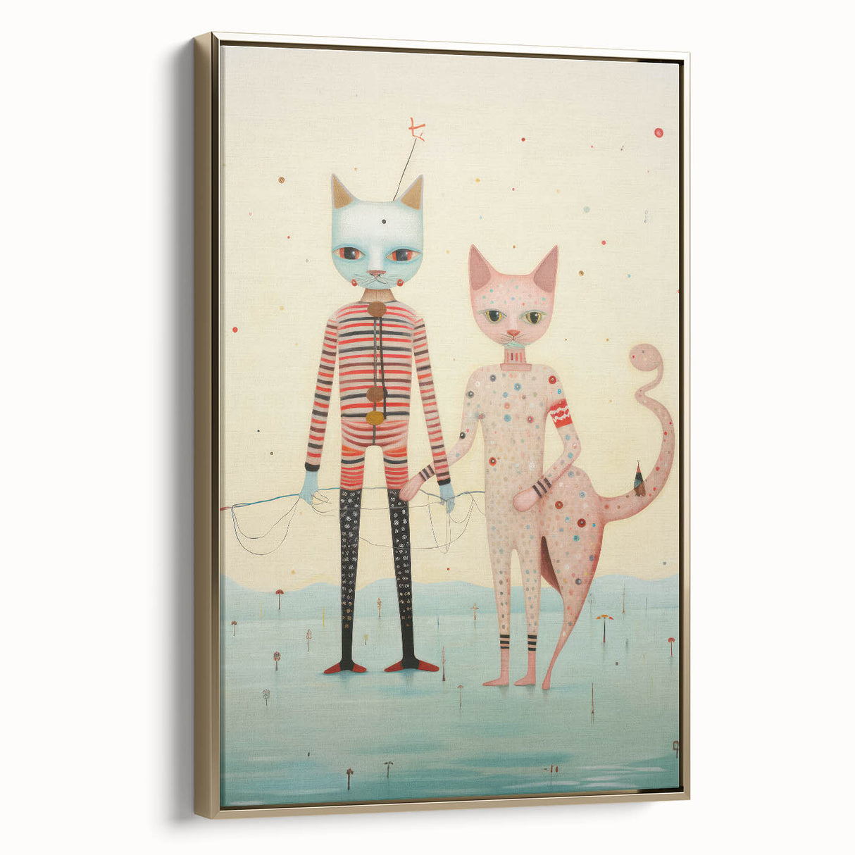 Whimsical Electric Cat Duo Canvas – Playful Modern Art Print