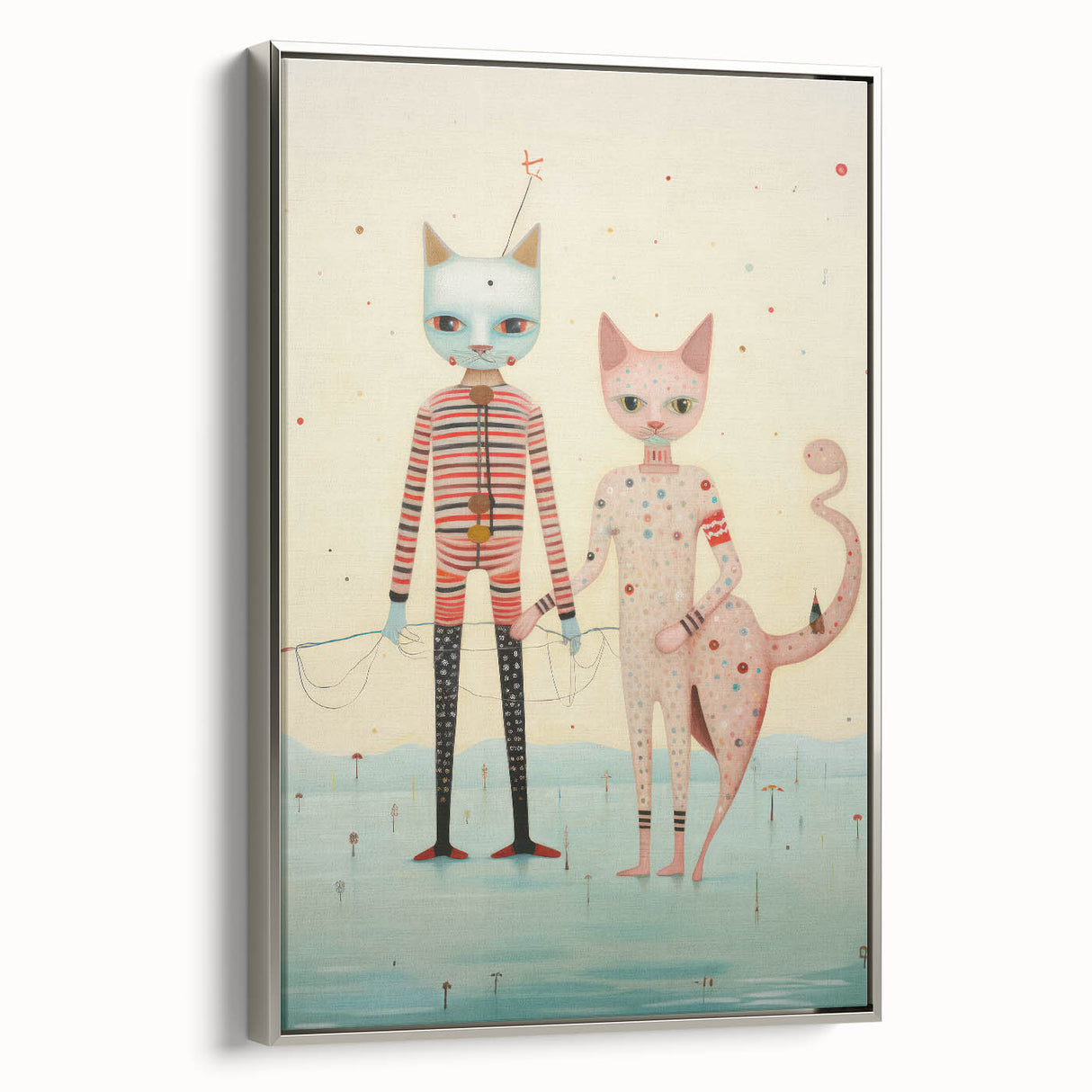 Whimsical Electric Cat Duo Canvas – Playful Modern Art Print