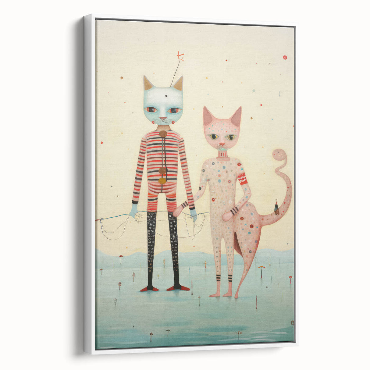 Whimsical Electric Cat Duo Canvas – Playful Modern Art Print