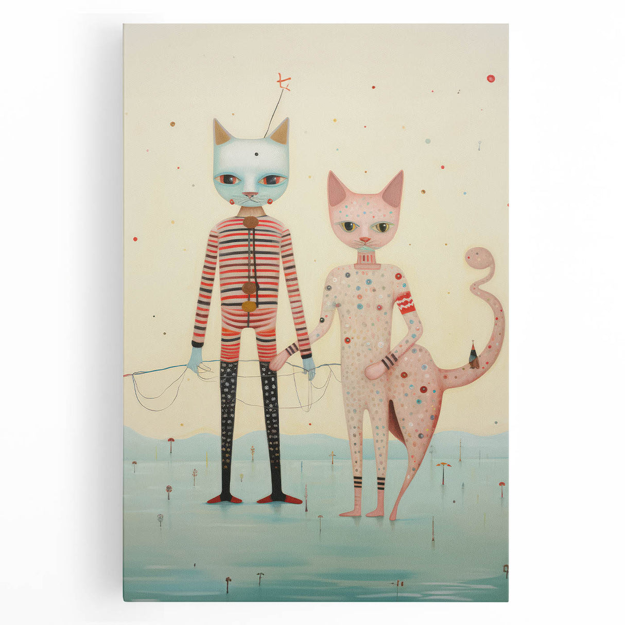 Whimsical Electric Cat Duo Canvas – Playful Modern Art Print