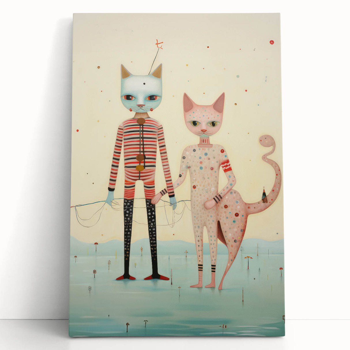 Whimsical Electric Cat Duo Canvas – Playful Modern Art Print