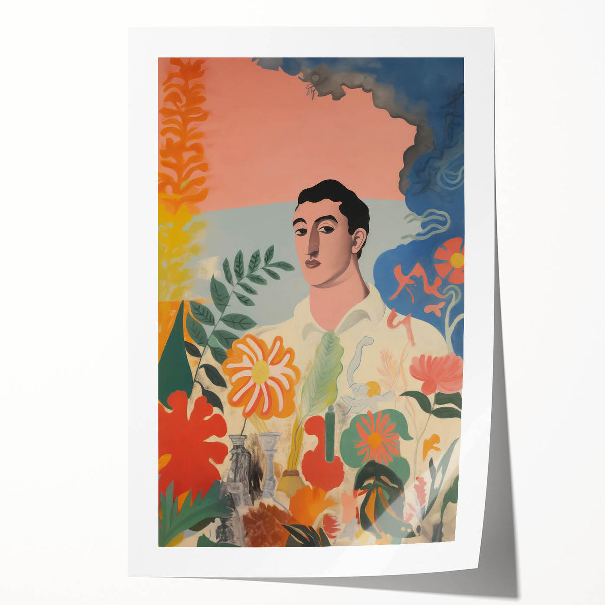 Modern Electric Abstract Portrait - Vibrant Floral and Figurative Art