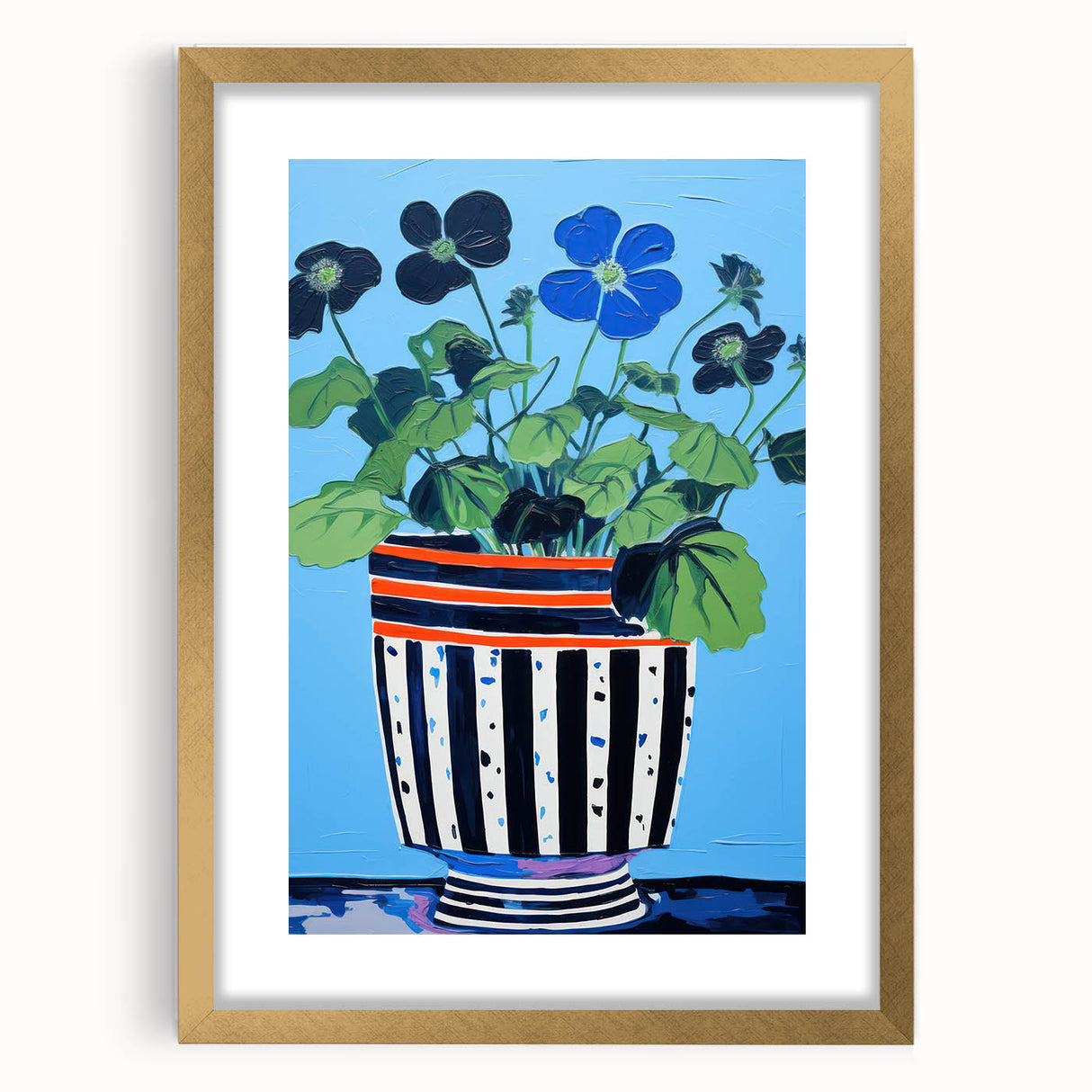 Playful Electric Botanical Art - Vibrant Striped Pot with Blue Flowers