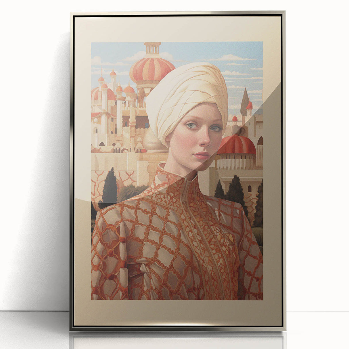 Electric Wall Art – Elegant Portrait of Woman in Palace Setting Electric Print