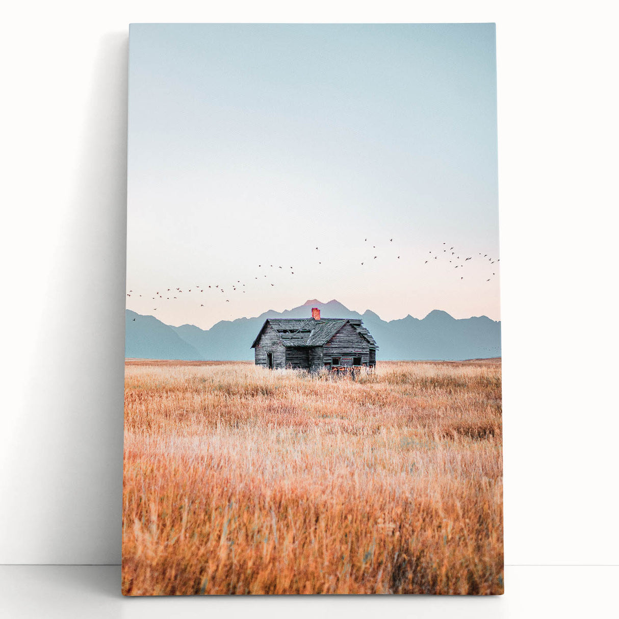 Farmhouse Wall Art of Abandoned Cabin with Birds – Rustic Country Decor