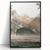 Farmhouse Wall Art – Serene Misty Countryside House for Rustic Decor