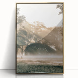 Farmhouse Wall Art – Serene Misty Countryside House for Rustic Decor