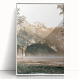 Farmhouse Wall Art – Serene Misty Countryside House for Rustic Decor