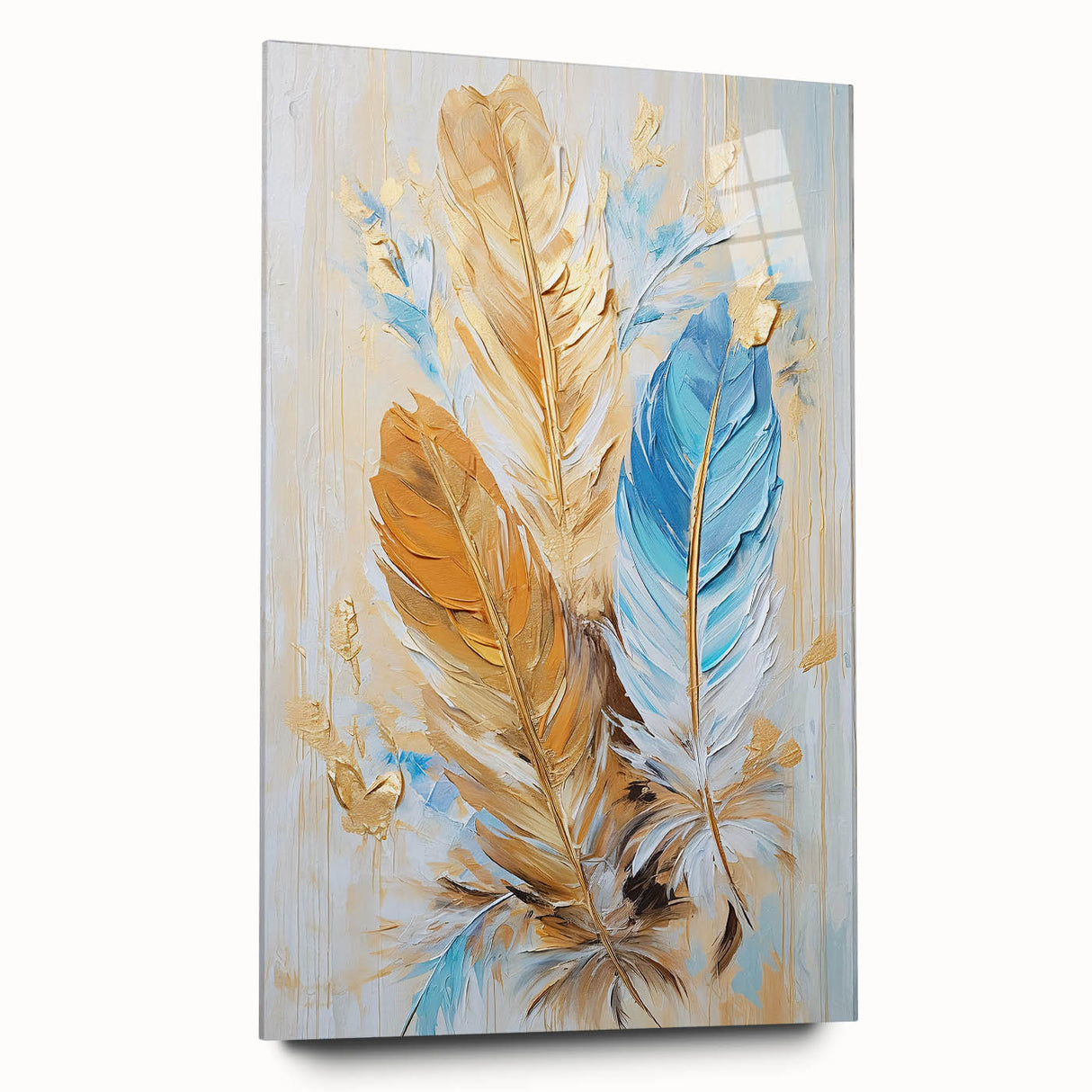 Glam Wall Art | Luxurious Gold and Blue Feather Art | Modern Glam Decor