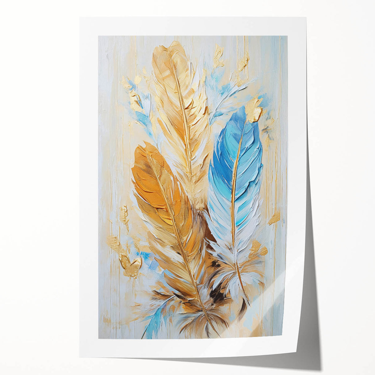 Glam Wall Art | Luxurious Gold and Blue Feather Art | Modern Glam Decor