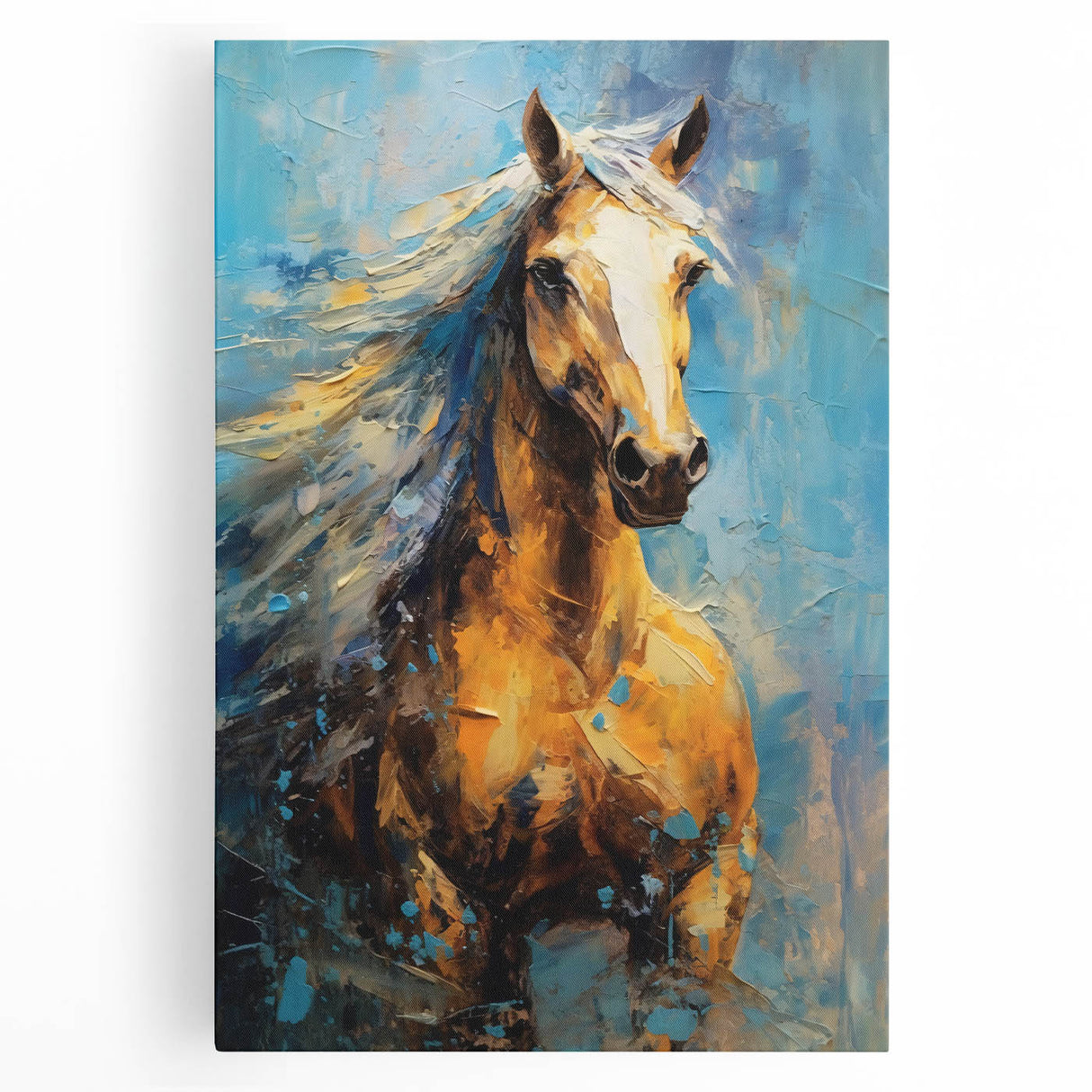Golden Horse Glam Wall Art - Luxury Blue and Gold Decor for Chic Homes