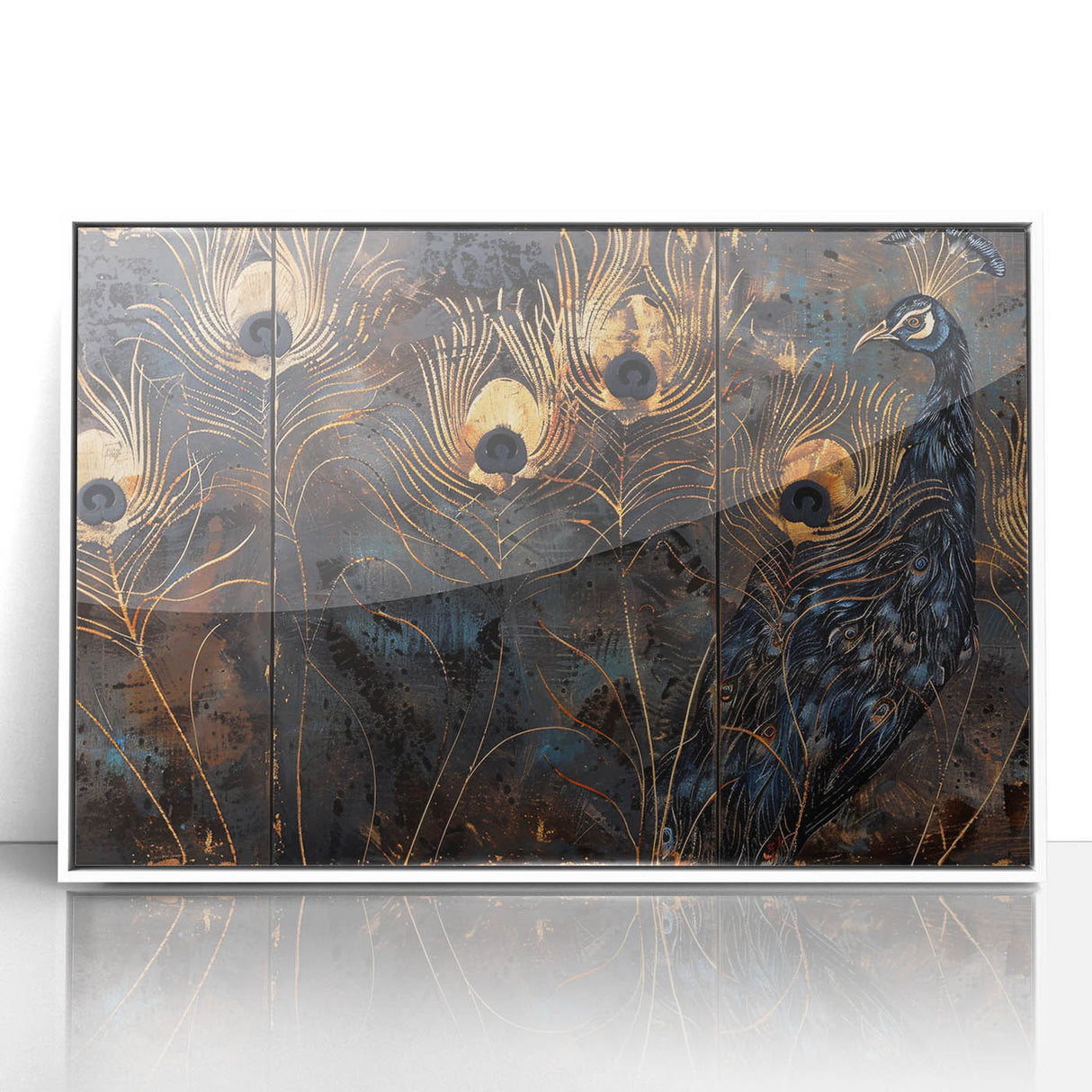 Glamorous Peacock Feather Wall Art – Luxury Black and Gold Decor