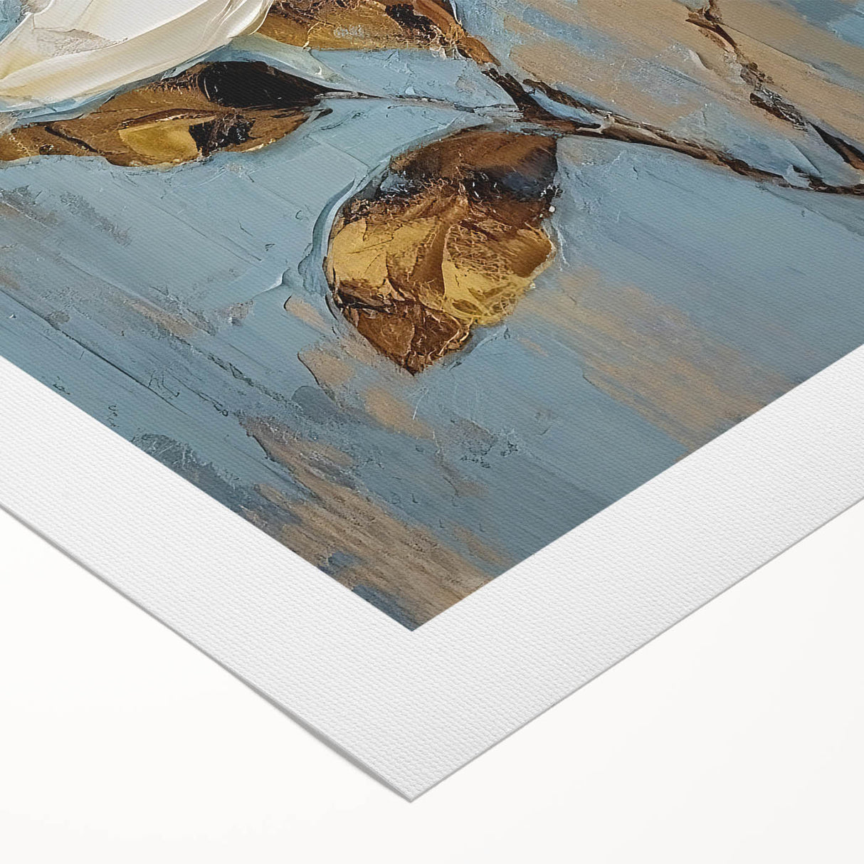 Elegant Floral Glam Wall Art - White Flower on Blue and Gold Background