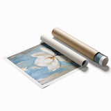 Elegant Floral Glam Wall Art - White Flower on Blue and Gold Background