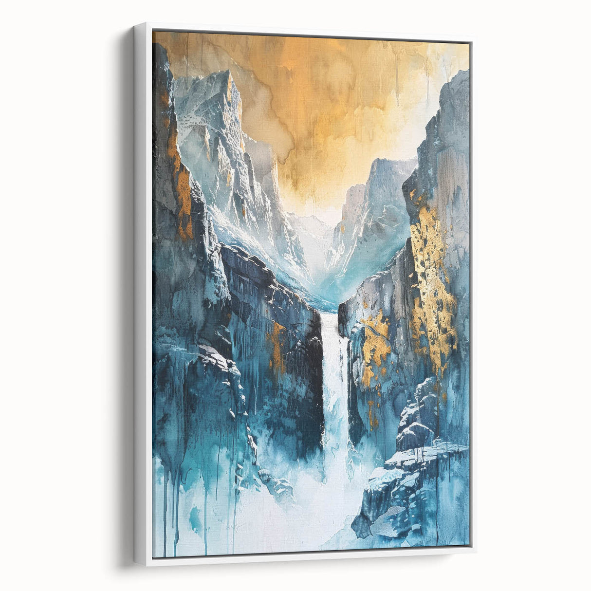 Icy Peaks – Majestic Mountain Waterfall Art with Luxe Gold Details