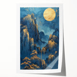 Glam Wall Art - Golden Moon Over Dark Blue Mountains with Waterfalls