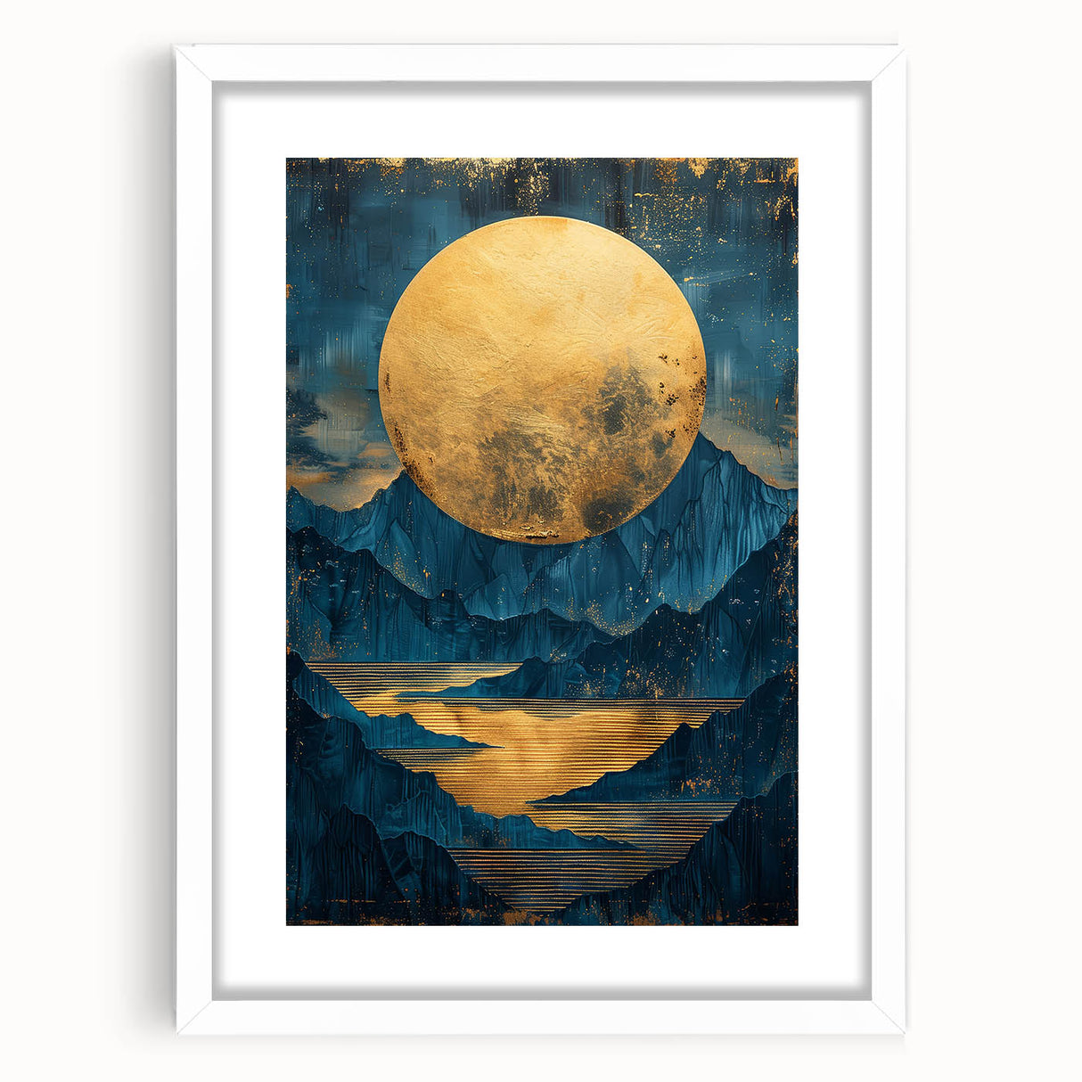 Glam Wall Art - Large Golden Moon Over Dark Blue Mountains and Reflections