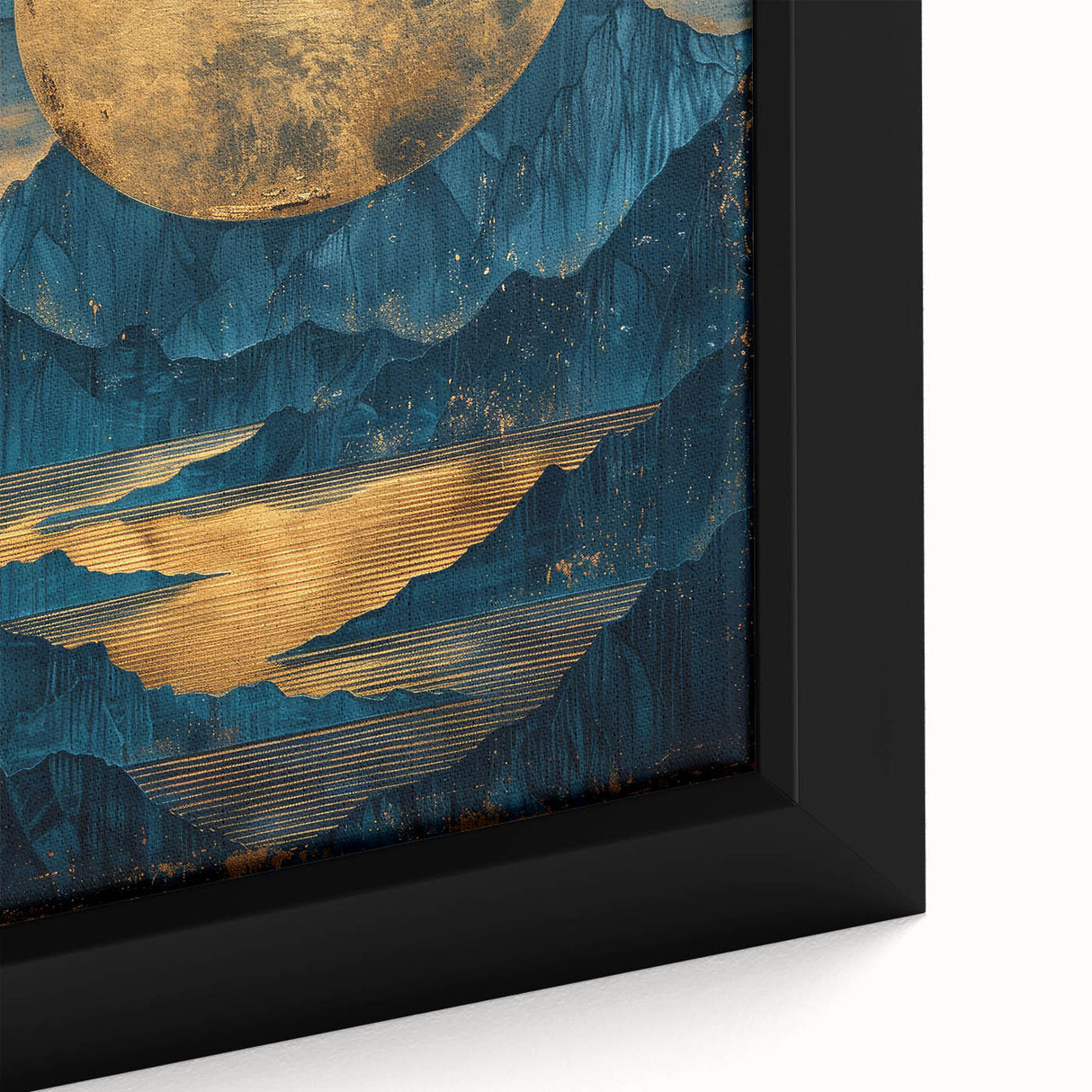 Glam Wall Art - Large Golden Moon Over Dark Blue Mountains and Reflections