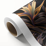 Glam Wall Art - Luxurious Golden Floral Design with Dark Leaves on Black