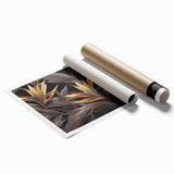 Glam Wall Art - Luxurious Golden Floral Design with Dark Leaves on Black