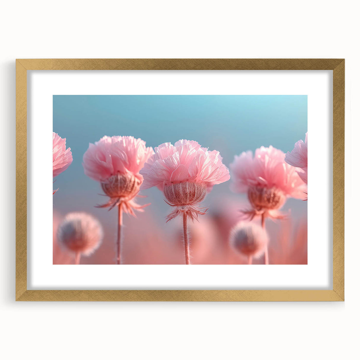 Blossoming Serenity - Soft Pink Floral Wall Art with Pastel Blue Sky