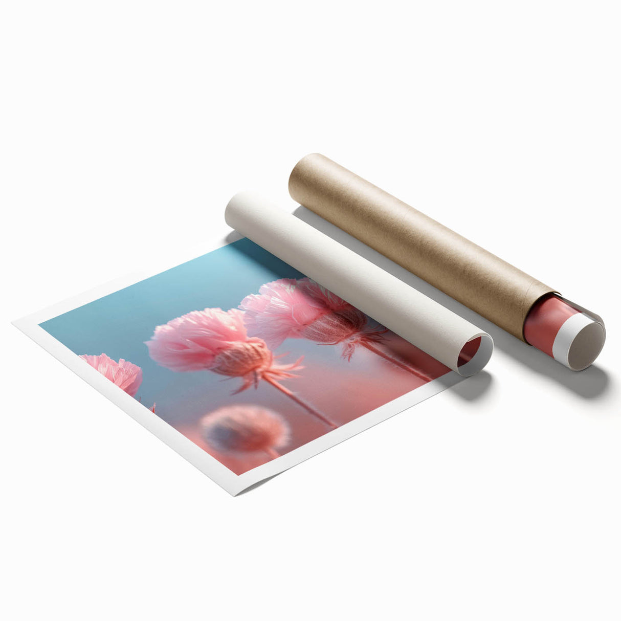 Blossoming Serenity - Soft Pink Floral Wall Art with Pastel Blue Sky