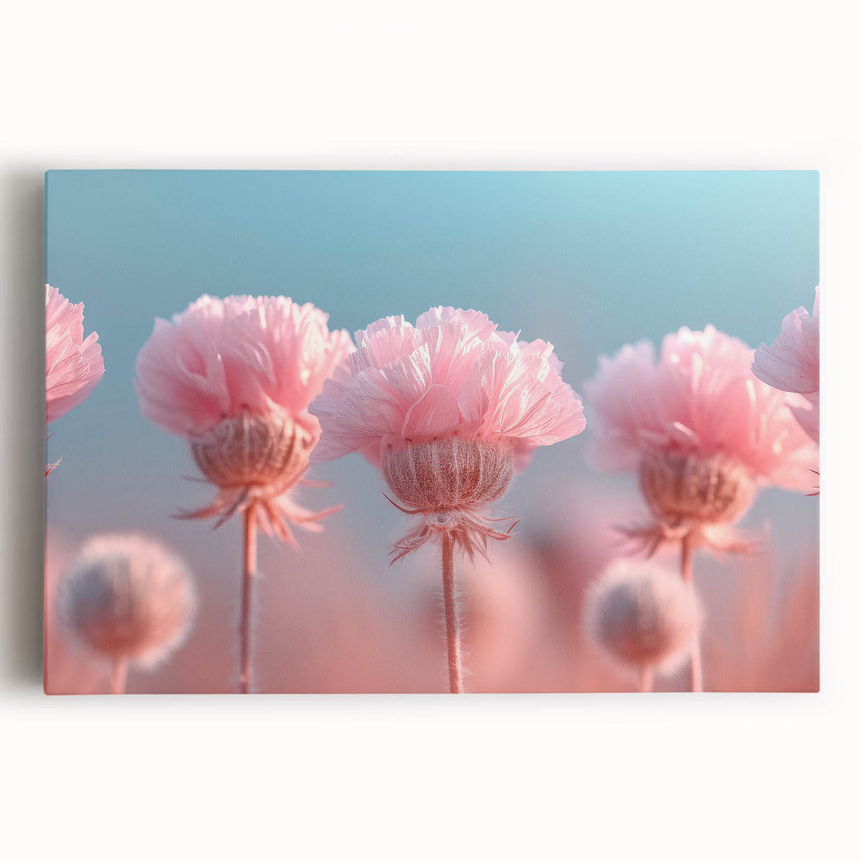 Blossoming Serenity - Soft Pink Floral Wall Art with Pastel Blue Sky