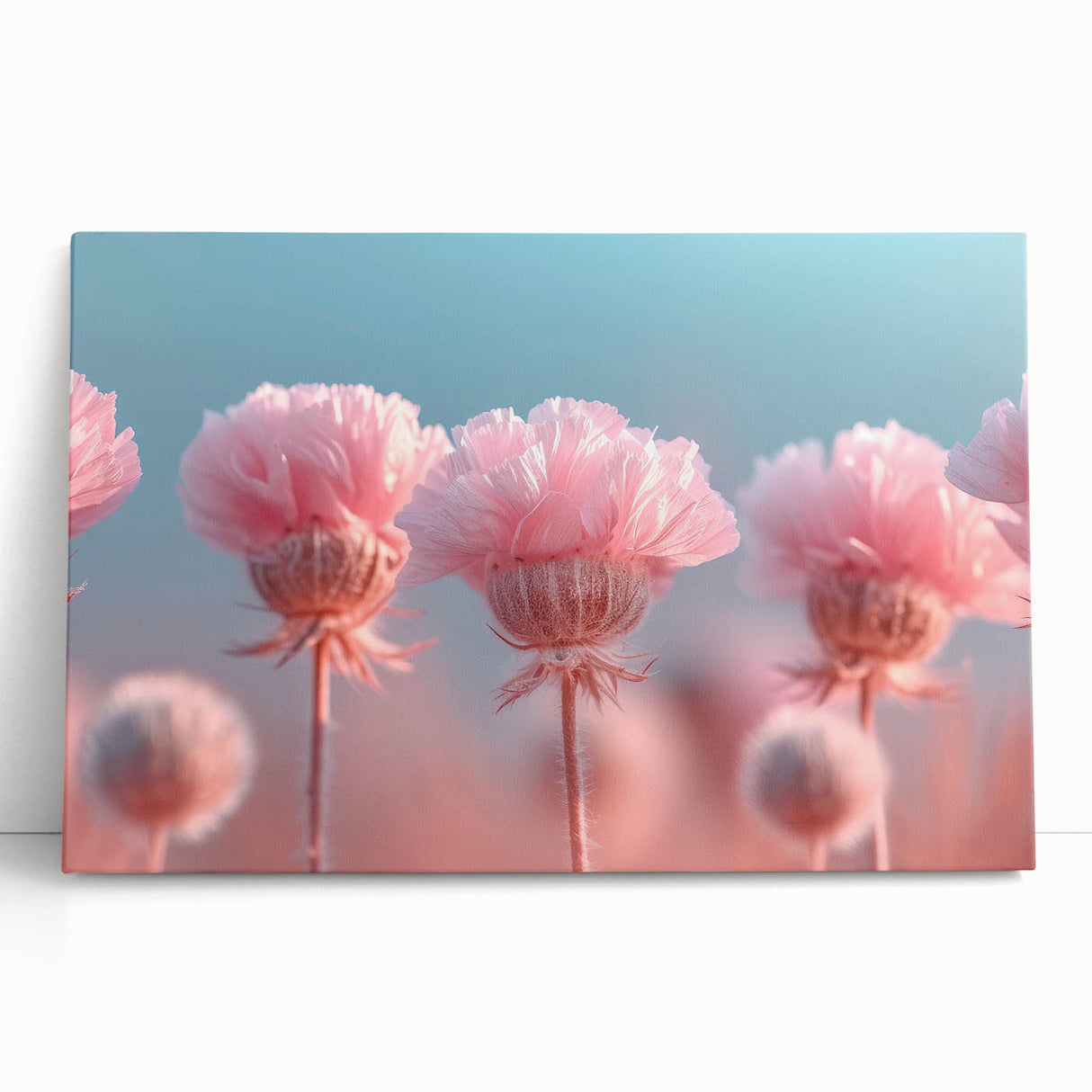 Blossoming Serenity - Soft Pink Floral Wall Art with Pastel Blue Sky