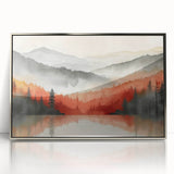 Misty Autumn Forest - Reflected Landscape Wall Art in Gray and Red