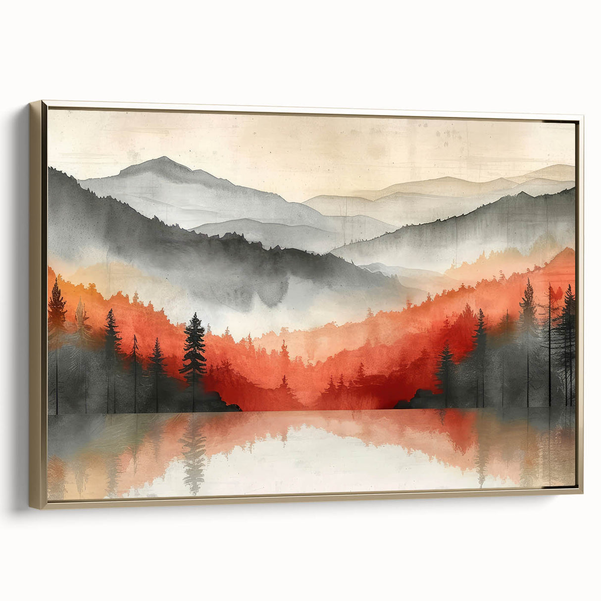 Misty Autumn Forest - Reflected Landscape Wall Art in Gray and Red
