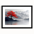 Glam Wall Art – Red Tree with Minimalist Gray Mountains for Modern Decor