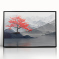 Glam Wall Art – Red Tree with Minimalist Gray Mountains for Modern Decor