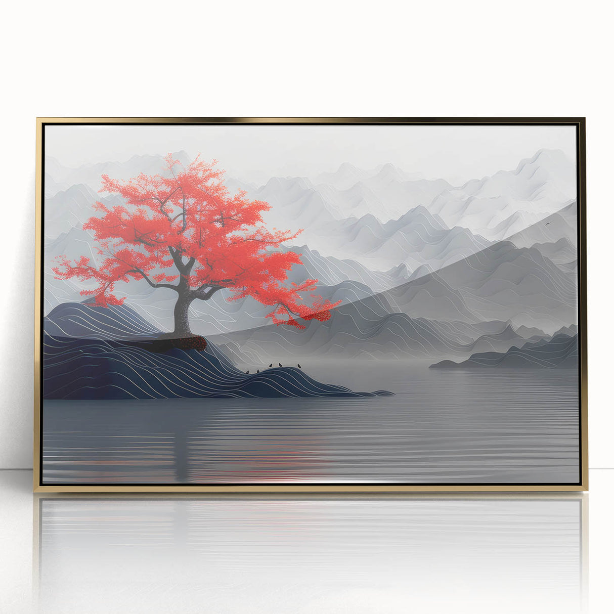 Glam Wall Art – Red Tree with Minimalist Gray Mountains for Modern Decor
