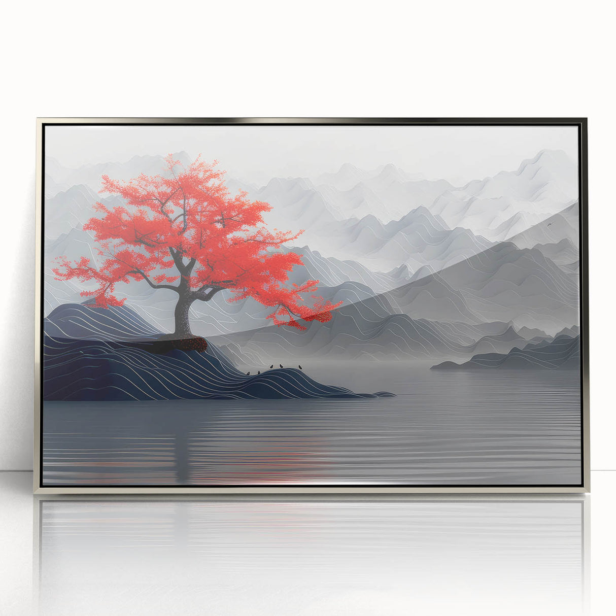 Glam Wall Art – Red Tree with Minimalist Gray Mountains for Modern Decor