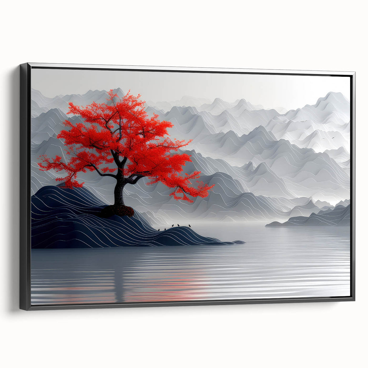Glam Wall Art – Red Tree with Minimalist Gray Mountains for Modern Decor