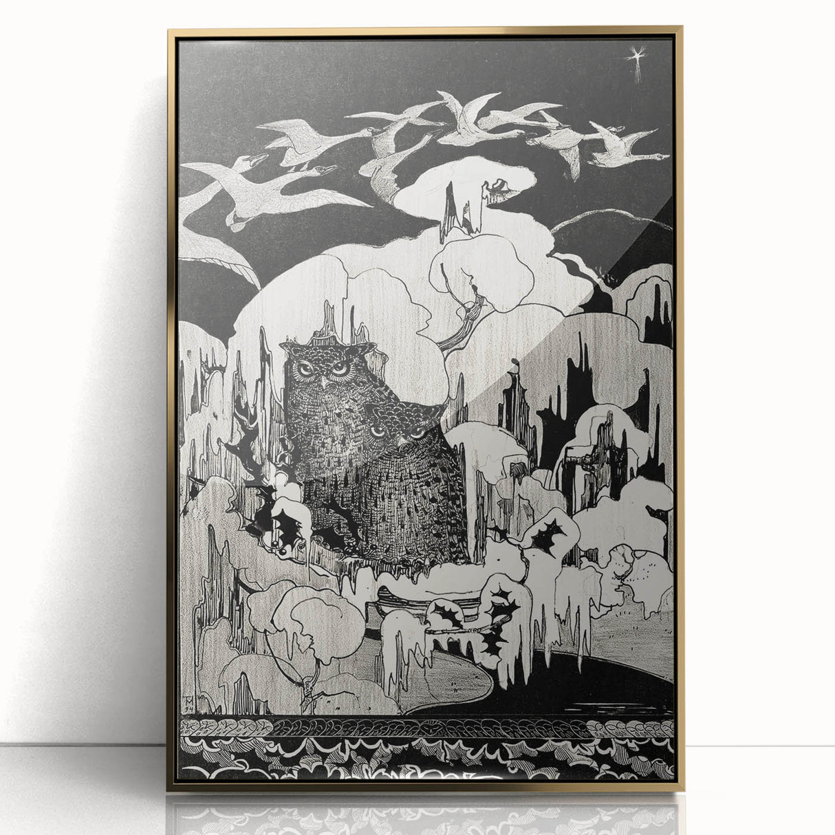Dark Decor Style - Mysterious Owls Illustration on Gothic Canvas Print