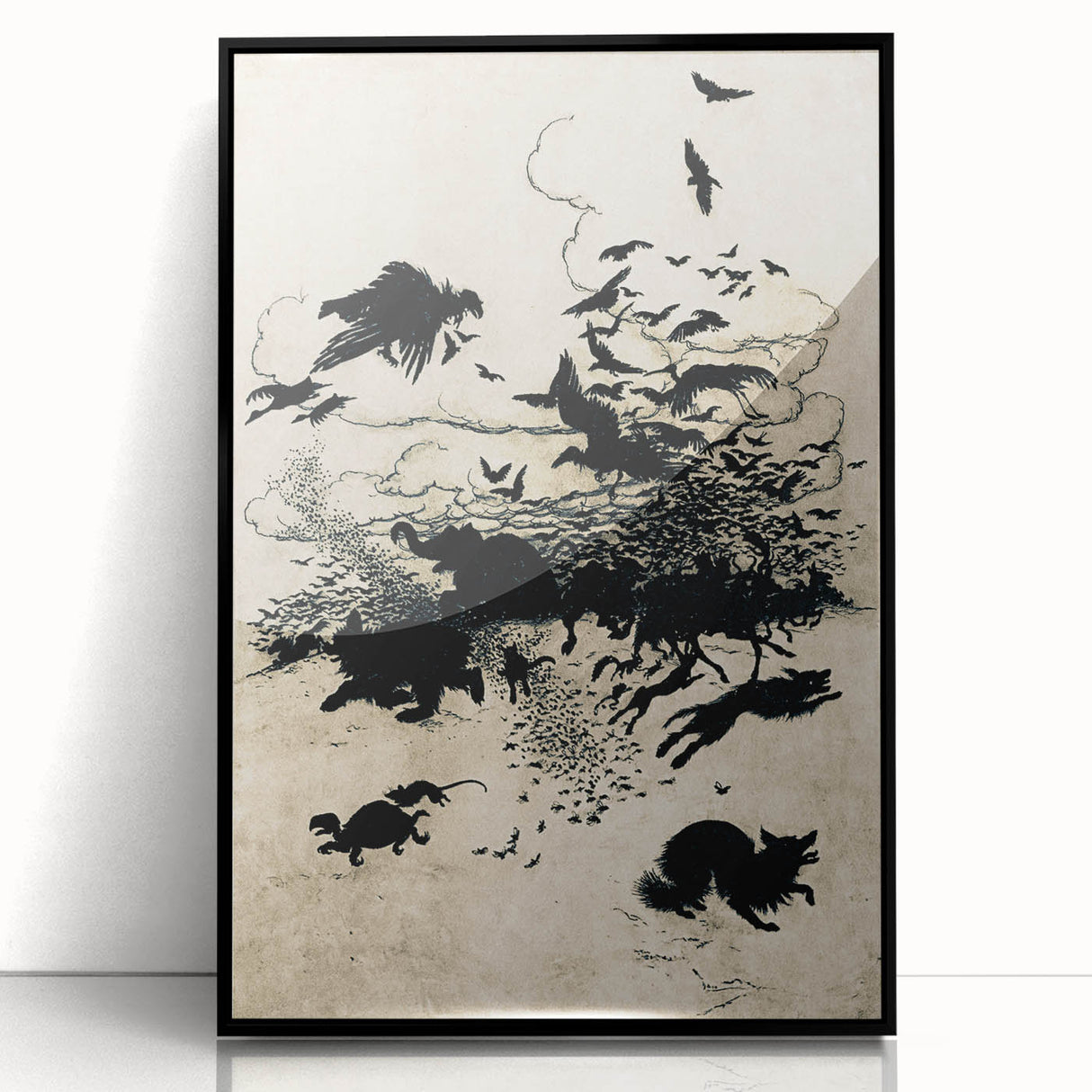 Dark Gothic Art: Mysterious Crows and Wolves in Vintage Gothic Print