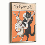 Whimsical Black Cat and Rabbit Grunge Wall Art - Vintage Canvas Print