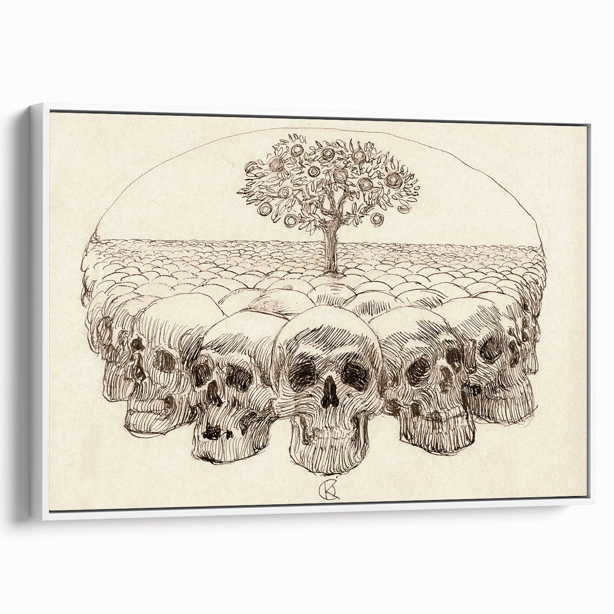 Grunge Wall Art - Skull and Tree Sketch Canvas for Dark Aesthetic Decor