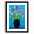 Maximalist Wall Art - Vibrant Tulips in Black Vase with Bold Blue Background