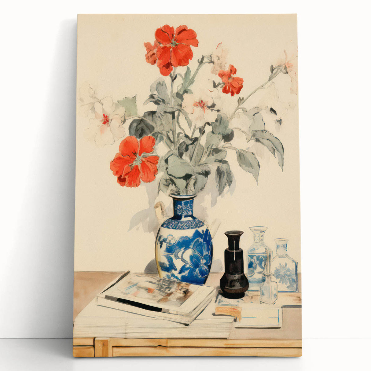 Maximalist Wall Art - Eclectic Floral Arrangement with Bold Vase Decor
