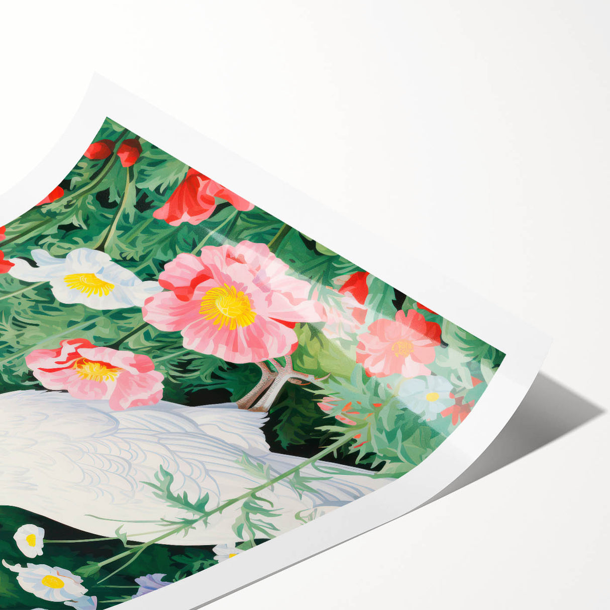 Maximalist Wall Art - Vibrant Nature Scene with White Hen and Flowers