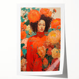 Maximalist Wall Art - Vibrant Floral Portrait with Bold Orange Hues