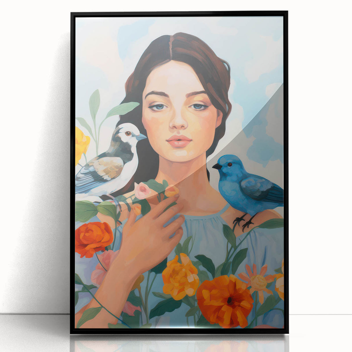 Maximalist Wall Art – Vibrant Portrait with Birds and Flowers for Eclectic Style
