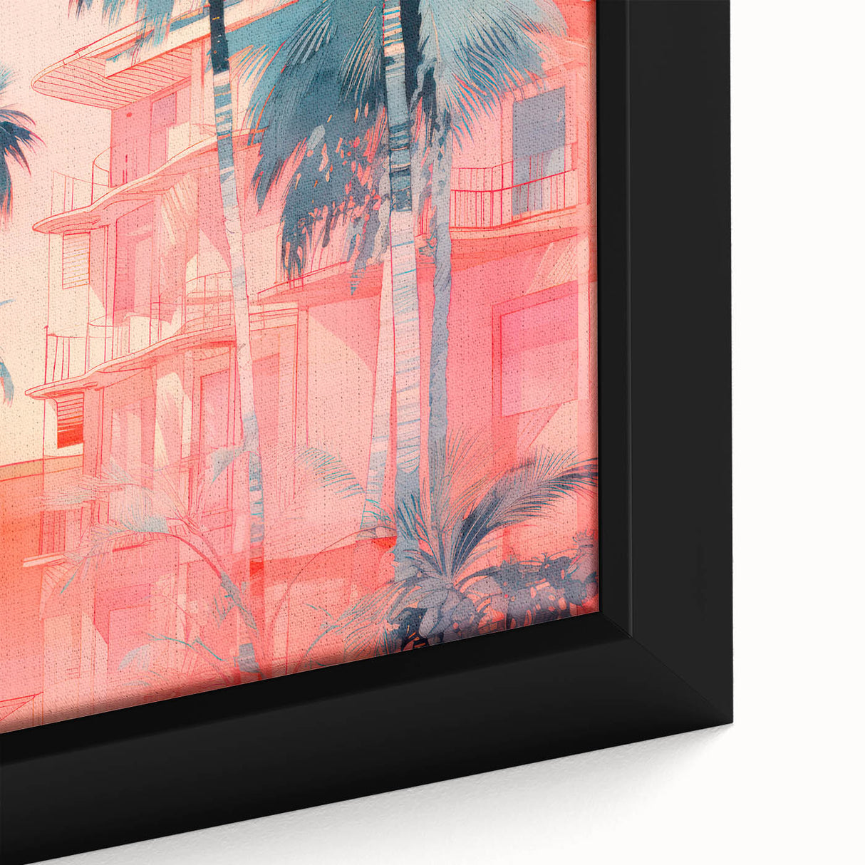Maximalist Wall Art – Vibrant Urban Oasis with Palm Trees and Sunset Hues